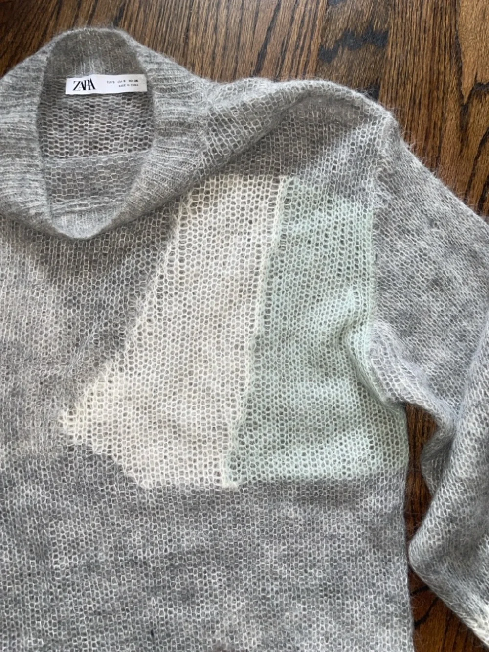 Zara Gray Mohair-Blend Crewneck Sweater with Cream & Mint Accents